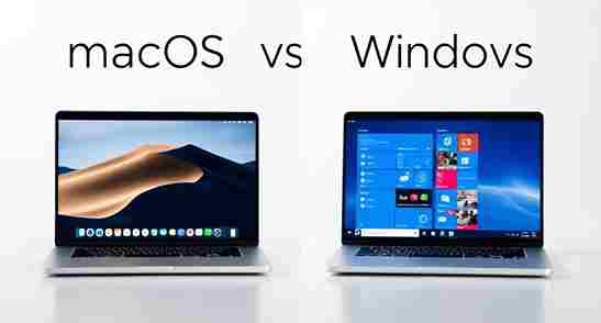 Side-by-side comparison of macOS and Windows laptops showing distinct user interfaces on sleek modern devices.