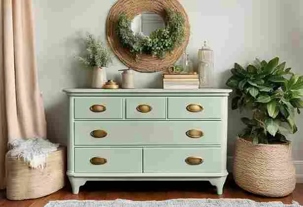A vintage dresser freshly upcycled with pastel chalk paint and modern brass knobs, styled in a cozy, sunlit room with plants and a woven rug.