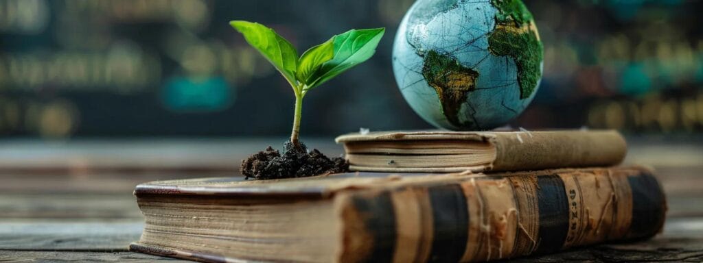 A book on a table beside a small plant and a globe, symbolizing student debt and future aspirations.