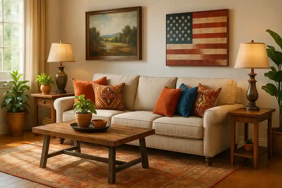 American living room showcasing a mix of modern, rustic, and classic American decor styles with cozy sofa, wooden coffee table, and indoor plants