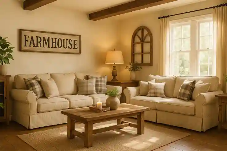 American farmhouse-style living room with rustic wooden furniture, cozy sofa with plaid cushions, and natural sunlight