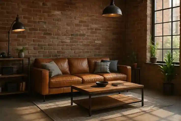 American industrial-style living room with exposed brick walls, leather sofa, metal and wood furniture, and industrial lighting