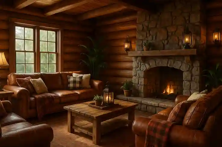 American lodge-style living room with rustic wooden walls, stone fireplace, leather sofas, and cozy cabin decor