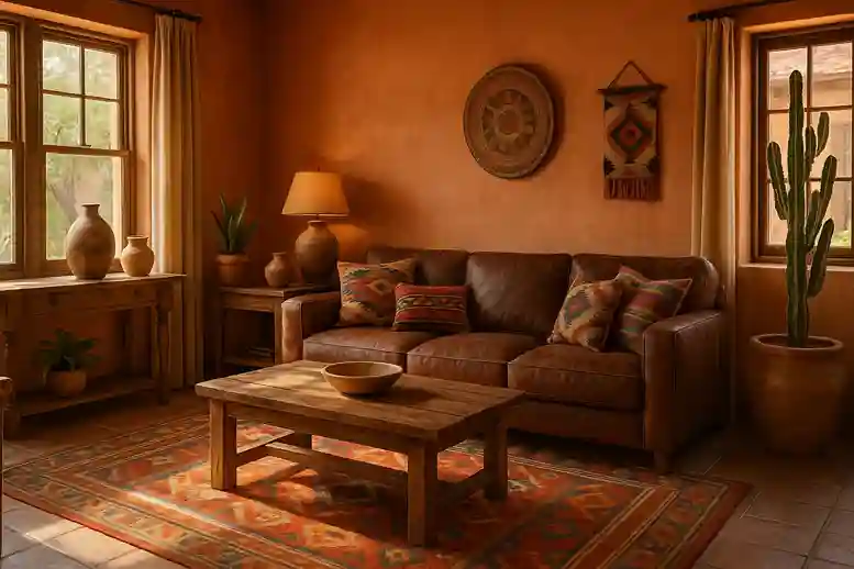 American Southwest-style living room with terracotta walls, rustic wooden furniture, colorful rugs, and southwestern decor