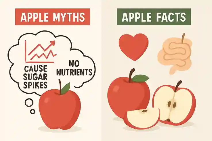 Apples and Health Benefits Busting the Biggest Myths Split-screen graphic showing myths vs. facts about apples and health benefits, with cartoon myths on the left and scientific visuals like heart, brain, and digestion on the right