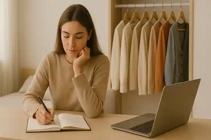 Assess Your Lifestyle The First Step to Build a Capsule Wardrobe Young woman planning her wardrobe at a desk to build a capsule wardrobe