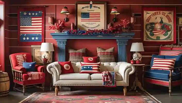 Cozy living room featuring authentic Americana decor with reclaimed wood furniture, vintage signage, and patriotic accents