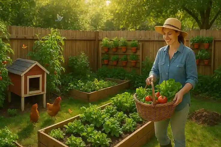 Backyard Farm Inspiration – Small Space, Big Harvest A vibrant backyard farm with raised garden beds, vertical planters, a small chicken coop, and a person harvesting fresh vegetables. Sunlight highlights lush greenery and sustainable practices.