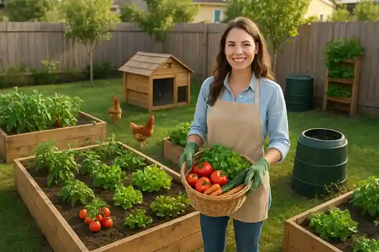 A vibrant backyard farm with raised garden beds, a small chicken coop, compost bin, and vertical planters. A smiling gardener harvests fresh produce in a sunny suburban backyard, showcasing a productive and profitable small-scale farm.