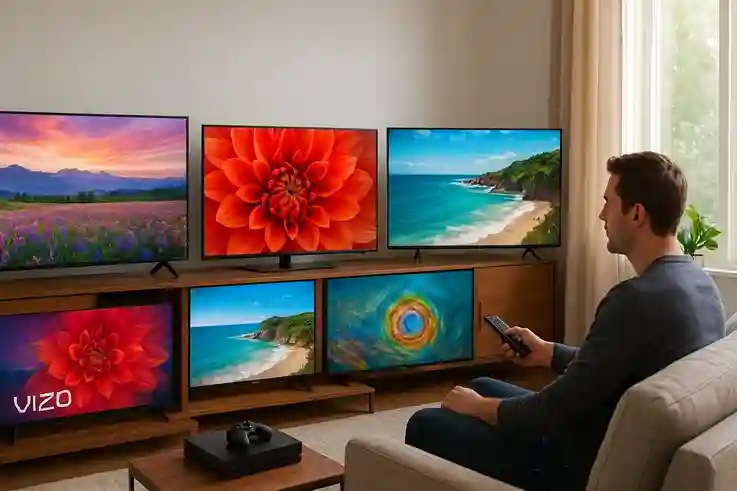 A person sitting on a couch in a modern living room, exploring top USA TV brands including Vizio, TCL, Samsung, and Sony, with vibrant screens and a cozy, tech-focused setup.