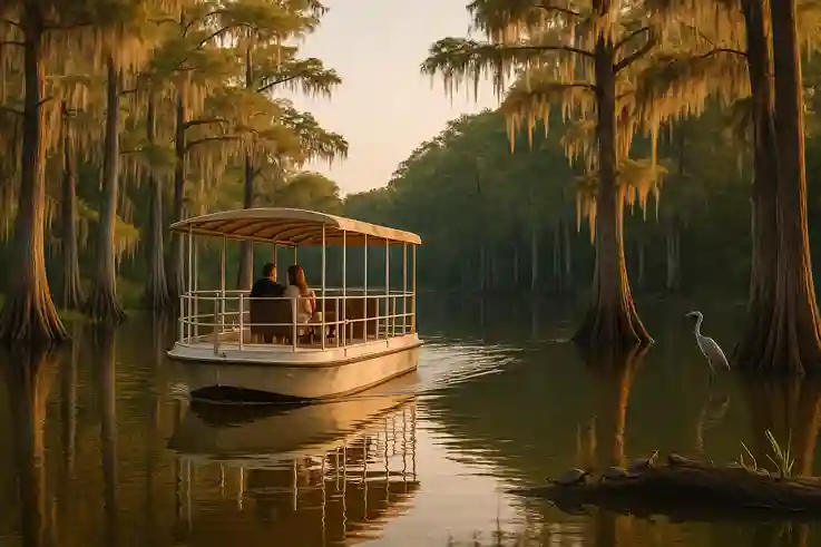 Riverboat tour on Big Cypress Bayou with cypress trees and wildlife, showing why it’s one of the Underrated Small Towns in Texas.