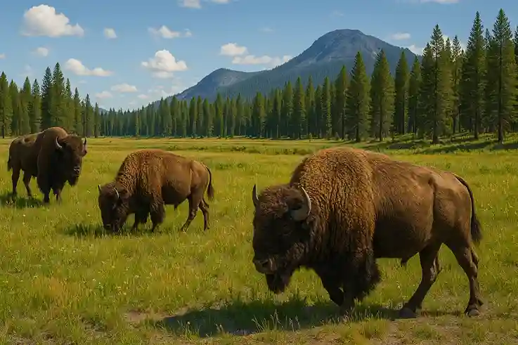 Bison Herds in Yellowstone – Best US National Parks Wildlife Herds of bison grazing in Yellowstone National Park, one of the best US national parks, with lush grasslands and distant mountains.