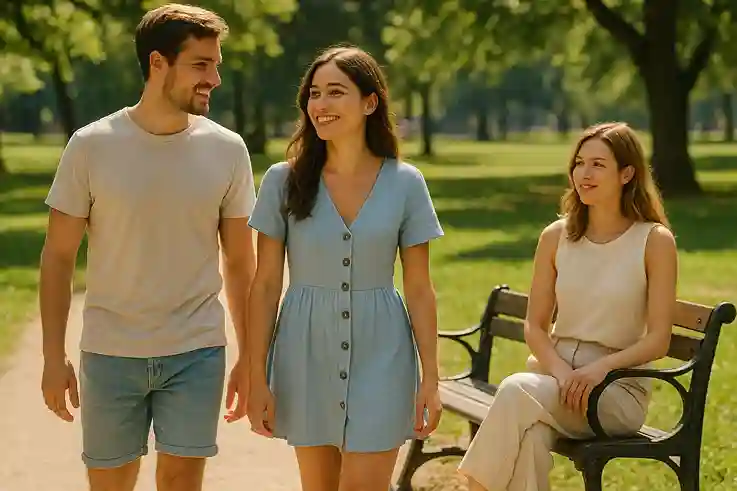 People wearing summer outfits made from fabric blends like cotton-polyester and linen-cotton, showing breathable, durable, and comfortable fabrics for hot weather.