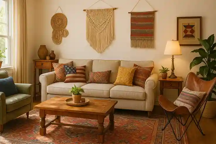 Boho Americana-style living room with eclectic furniture, colorful rugs, woven wall hangings, and layered cushions