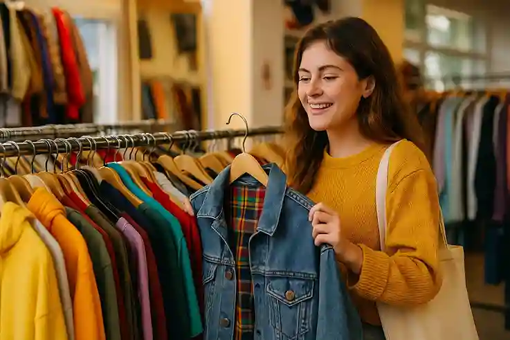 College student browsing colorful racks of affordable clothing in a thrift store, holding a stylish outfit.