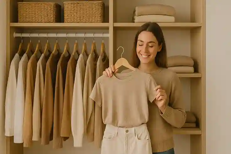 Build a Capsule Wardrobe Simplify Your Style and Life Person selecting an outfit from a neatly organized closet to build a capsule wardrobe