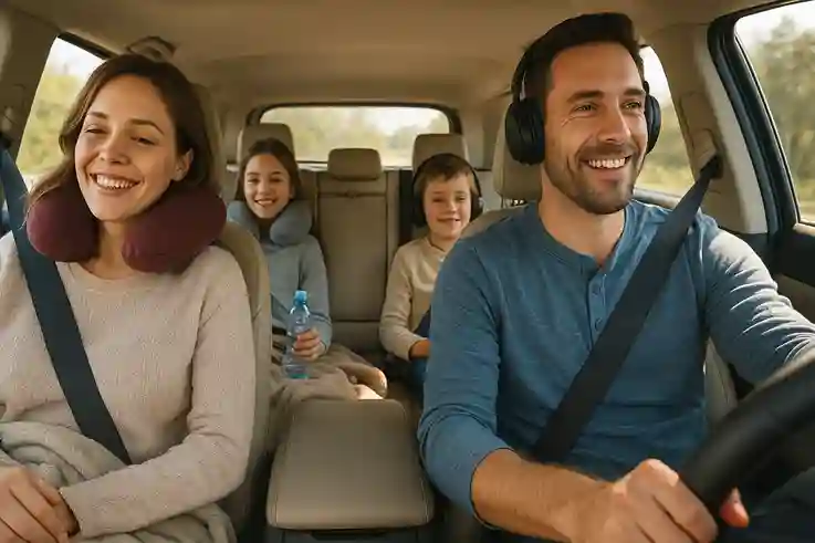 ChatGPT Image Sep 7, 2025, 10_39_41 AM_11zon Passengers enjoying road trip must haves like pillows, blankets, and headphones for comfort during travel.