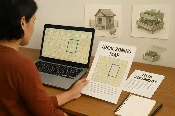 Checking Zoning Laws and HOA Rules for Backyard Farming Person at a desk reviewing local zoning maps and HOA documents, with sketches of a backyard farm, raised beds, and a small chicken coop. Pens, notebooks, and a laptop show careful planning for compliance and backyard farming success.