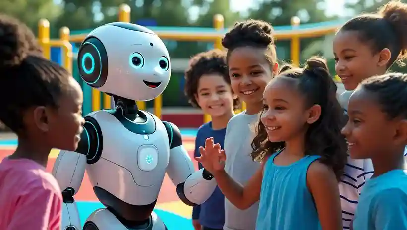 Children gathered around an AI robot, learning how artificial intelligence works in a safe and engaging way.