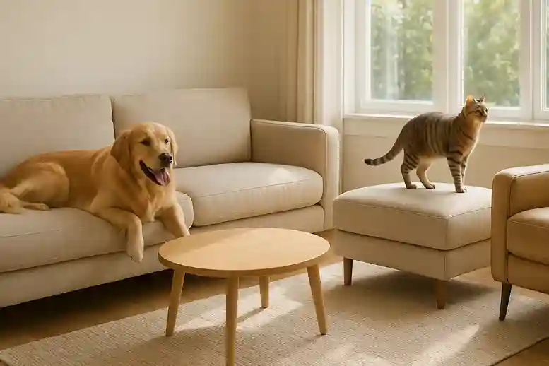 Choose Durable, Easy-to-Clean Fabrics for a Pet-Friendly Living Room Modern pet-friendly living room with a microfiber sofa, washable rug, and easy-to-clean fabrics, featuring a dog and cat.
