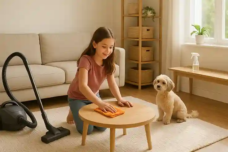 Cleaning Hacks to Keep Your Home Fresh and Pet Friendly Bright living room with a person cleaning a coffee table using a microfiber cloth, a vacuum on a washable rug, and a curious dog watching.