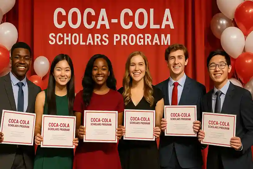 Coca-Cola Scholars Program Celebrating Student Achievement Diverse students celebrating the Coca-Cola Scholars Program with certificates at a scholarship award ceremony.