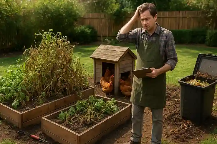 Common Mistakes to Avoid in Backyard Farming A backyard farm showing beginner mistakes: overcrowded garden beds, a cramped chicken coop, spilled soil, scattered tools, and an overflowing compost bin. A frustrated gardener stands nearby holding a clipboard, illustrating what not to do when starting a backyard farm.