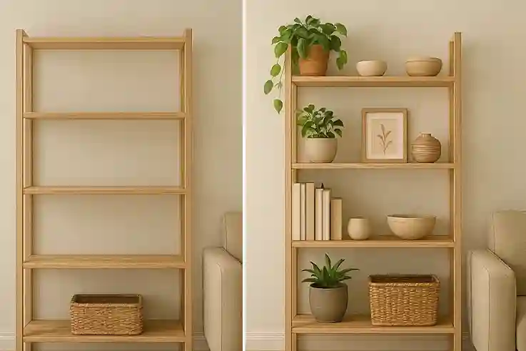 Decorative Shelving Display From Cluttered to Chic Before-and-after view of a shelving display transformed from empty or cluttered to organized and stylish with DIY decor.
