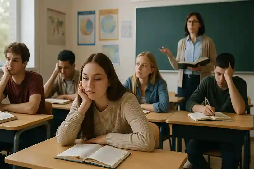 Dissatisfaction with Curriculum and Teaching Quality Students looking bored and disengaged in a classroom while the teacher lectures at the front.