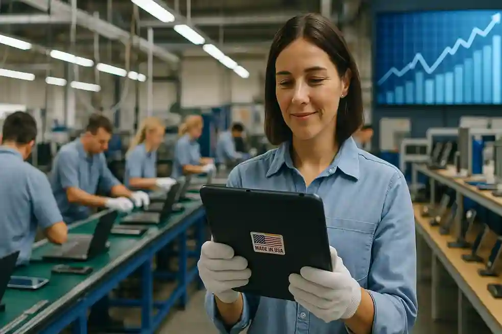 Economic Benefits You Can See Workers in an American electronics factory assembling devices with Made in USA labels, symbolizing economic benefits.