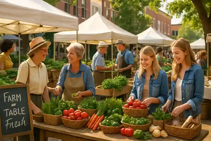 Farm to Table Fresh A Vibrant Small-Town Farmers Market A lively farmers market scene in a small town square with shoppers browsing colorful produce stalls on a sunny day.