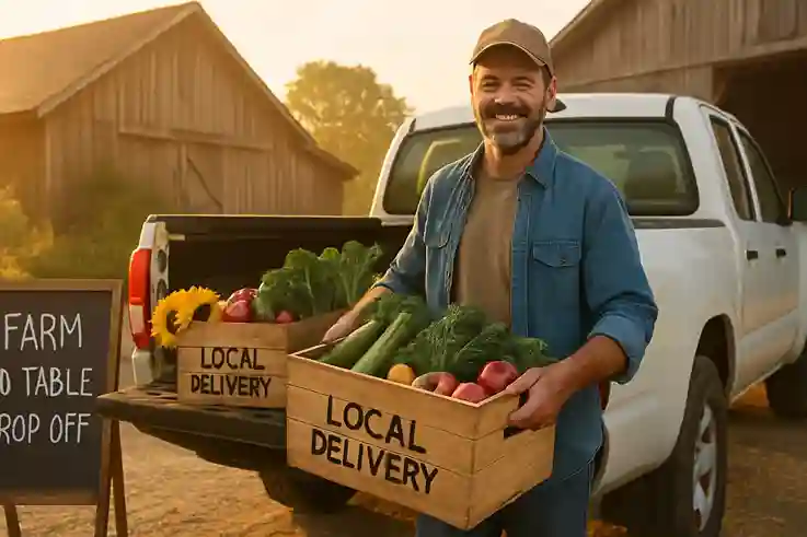 A smiling farmer loads wooden crates of fresh, local produce onto a delivery truck beside a rustic barn during sunrise
