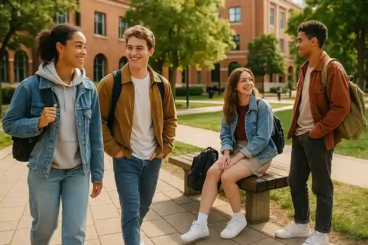 College students wearing trendy and casual outfits on campus, showcasing modern streetwear and layered accessories.