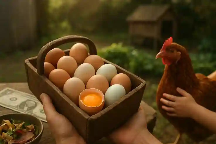 Hands holding a rustic wooden basket filled with fresh eggs in natural shades, with a cracked egg showing a golden yolk, surrounded by a hen, garden vegetables, kitchen scraps, and a dollar bill — symbolizing the benefits of raising chickens.
