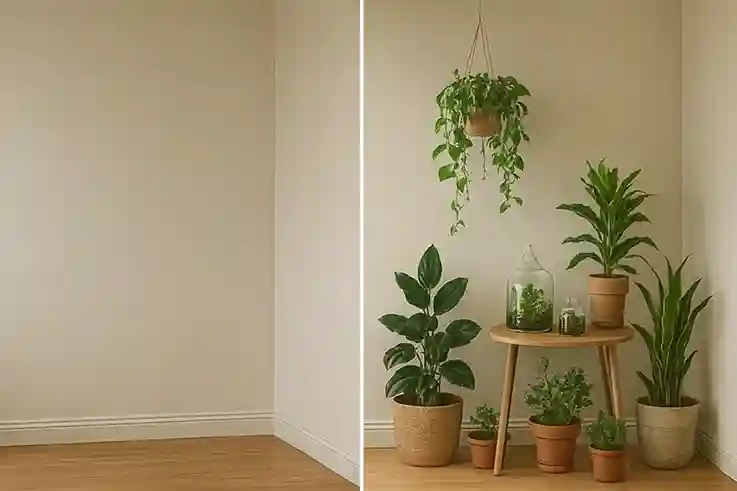 Green Corner Transformation with Indoor Plants Before-and-after of a living room corner. Left side shows a dull, empty corner. Right side features indoor plants, terrariums, and hanging greenery creating a vibrant, cozy space.