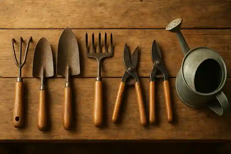 Hand Tools Every Farmer Needs "Neatly arranged hand farm tools including spades, rakes, hand cultivators, and pruning shears on a wooden table