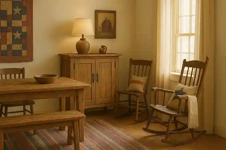 Handmade and Weathered Furnishings in Americana Decor Living room showcasing Americana decor with handmade and weathered furnishings, including reclaimed wood tables and distressed cabinets