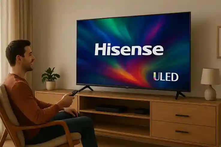 Hisense Smart TV with ULED Display A young man relaxing in a modern living room, watching a Hisense ULED smart TV with vibrant colors and the Hisense logo on the screen.