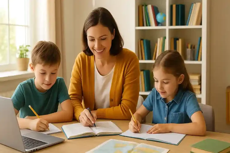 Family homeschooling at a sunlit table with books and a laptop, children learning at home.