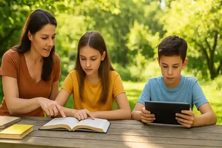 Homeschool Surge Like Never Before Outdoor Learning at Home Family homeschooling outdoors at a picnic table with children reading books and using tablets