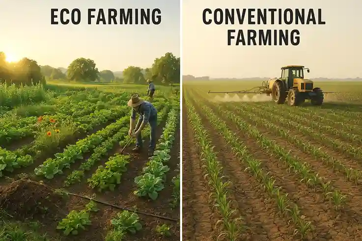 How Eco Farming Differs from Conventional Farming Comparison of eco farming and conventional farming showing organic crop fields versus chemical-treated farmland.