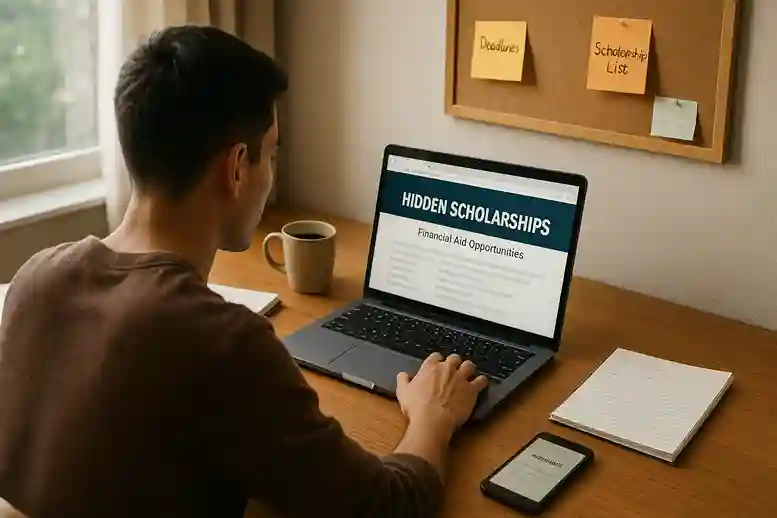 How to Find More Hidden Scholarships College student researching hidden scholarships on a laptop with notes and deadlines in a study space.