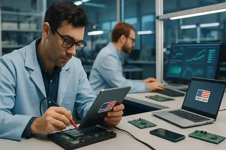 Innovation and Quality Standards Engineers testing American-made electronics in a modern lab, showing innovation and quality standards.