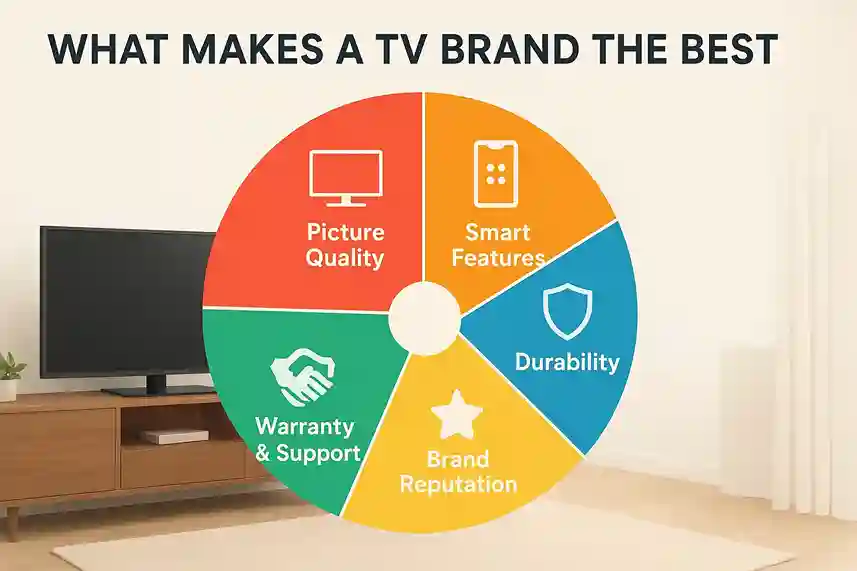 Key Factors That Make a TV Brand the Best A pie chart showing key factors that make a TV brand the best, including picture quality, smart features, durability, warranty & support, and brand reputation, with a modern living room and TV in the background.