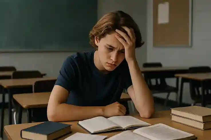 Lack of Support for Mental Health in Schools Student sitting alone at a desk in a dimly lit classroom, looking stressed and overwhelmed.