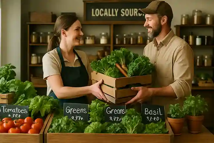 Local Grocery Store Welcomes Fresh Farm Deliveries Grocery store staff accepting a crate of fresh produce from a smiling local farmer inside a cozy market with handwritten chalk signs and rustic decor.