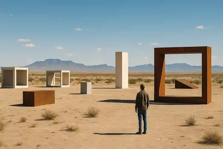 Minimalist art installations in Marfa desert, showcasing why it’s among the most Underrated Small Towns in Texas.