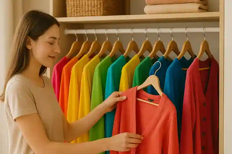 Minimalist Capsule Wardrobe Effortless Style Made Simple Young woman choosing a neutral outfit from a modern minimalist capsule wardrobe