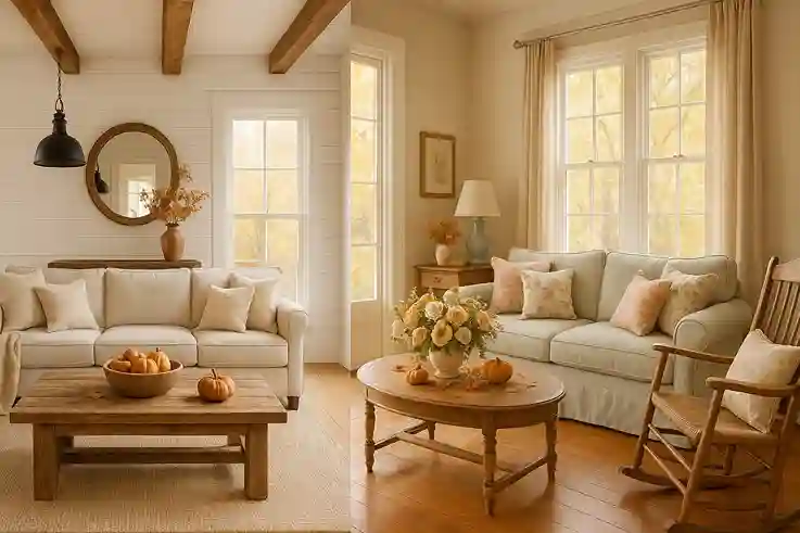 Split-view interior showcasing Modern Farmhouse and Southern Charm styles. Left: white shiplap walls, exposed beams, neutral furniture, reclaimed wood coffee table, industrial light fixtures, and soft textiles. Right: pastel accents, vintage wooden furniture, floral arrangements, patterned pillows, rocking chair, and linen curtains. Both feature warm sunlight, hardwood floors, and subtle fall décor.