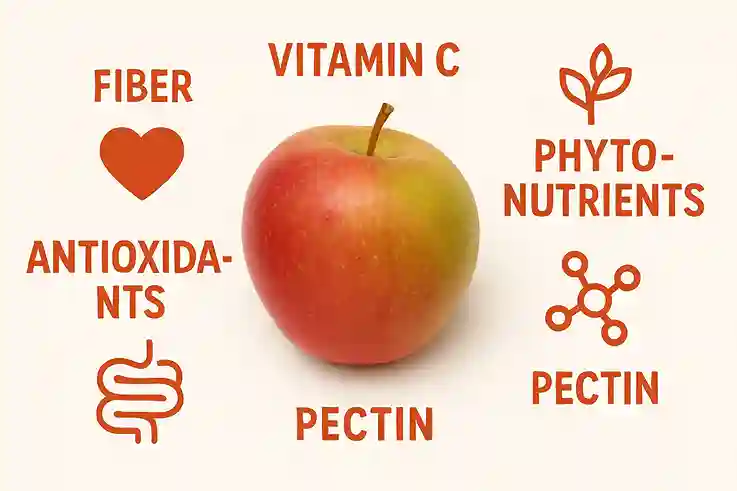 Nutritional Powerhouse Apples and Health Benefits at a Glance Flat-lay image of a fresh red and green apple surrounded by labeled health benefits like fiber, vitamin C, antioxidants, pectin, and phytonutrients with icons for heart, digestion, and immunity.